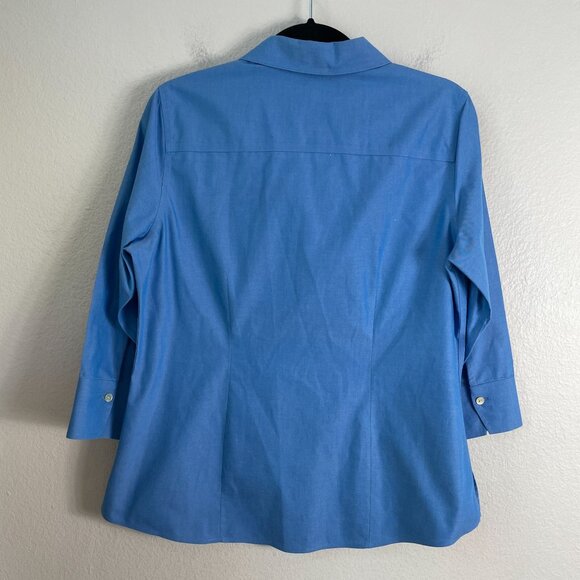 Foxcroft Womens 8 Blue Non Iron Fitted Button Up Shirt 3/4 Sleeve Blouse - Picture 9 of 10